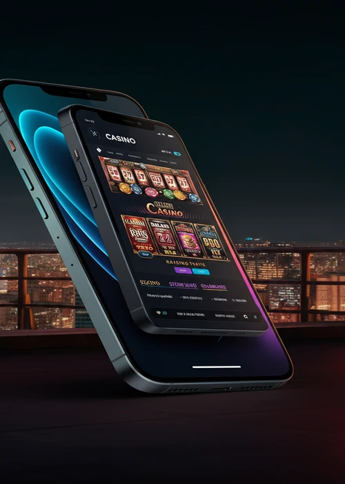 Illustratie van de moderne interface van Voltslot Casino met populaire slotgames en live dealer tafels op een desktop en mobiel scherm.